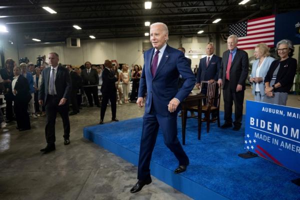 President Joe Biden walks off stage after speaking about his economic plan "Bidenomics" at Auburn Manufacturing Inc., in Auburn, Maine, on July 28, 2023. (Brendan Smialowski/AFP via Getty Images)