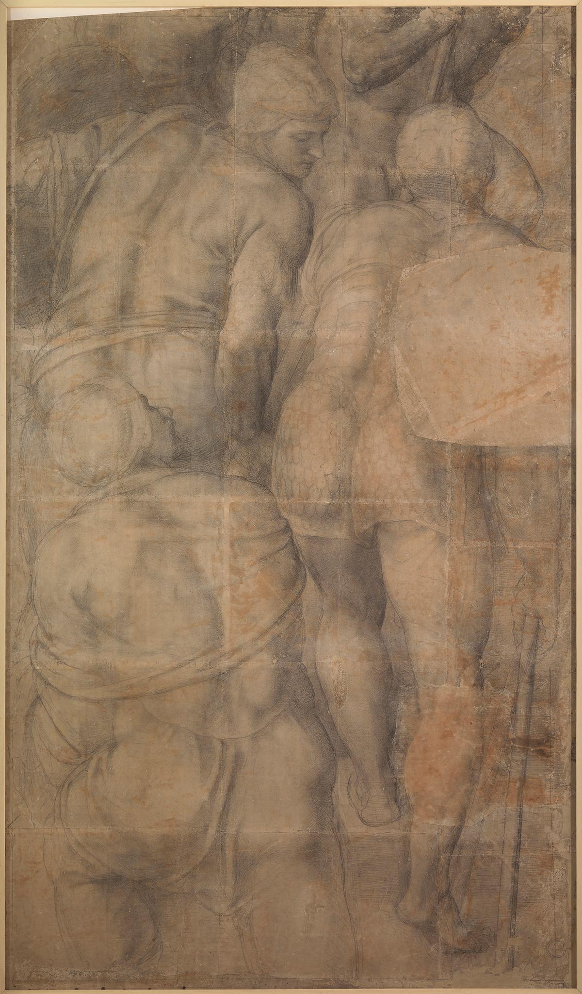 "Group of Soldiers," 1546–1550, by Michelangelo. Charcoal on paper, pricked for transfer; 103.5 by 61.4 inches. (Courtesy of the Louvre)