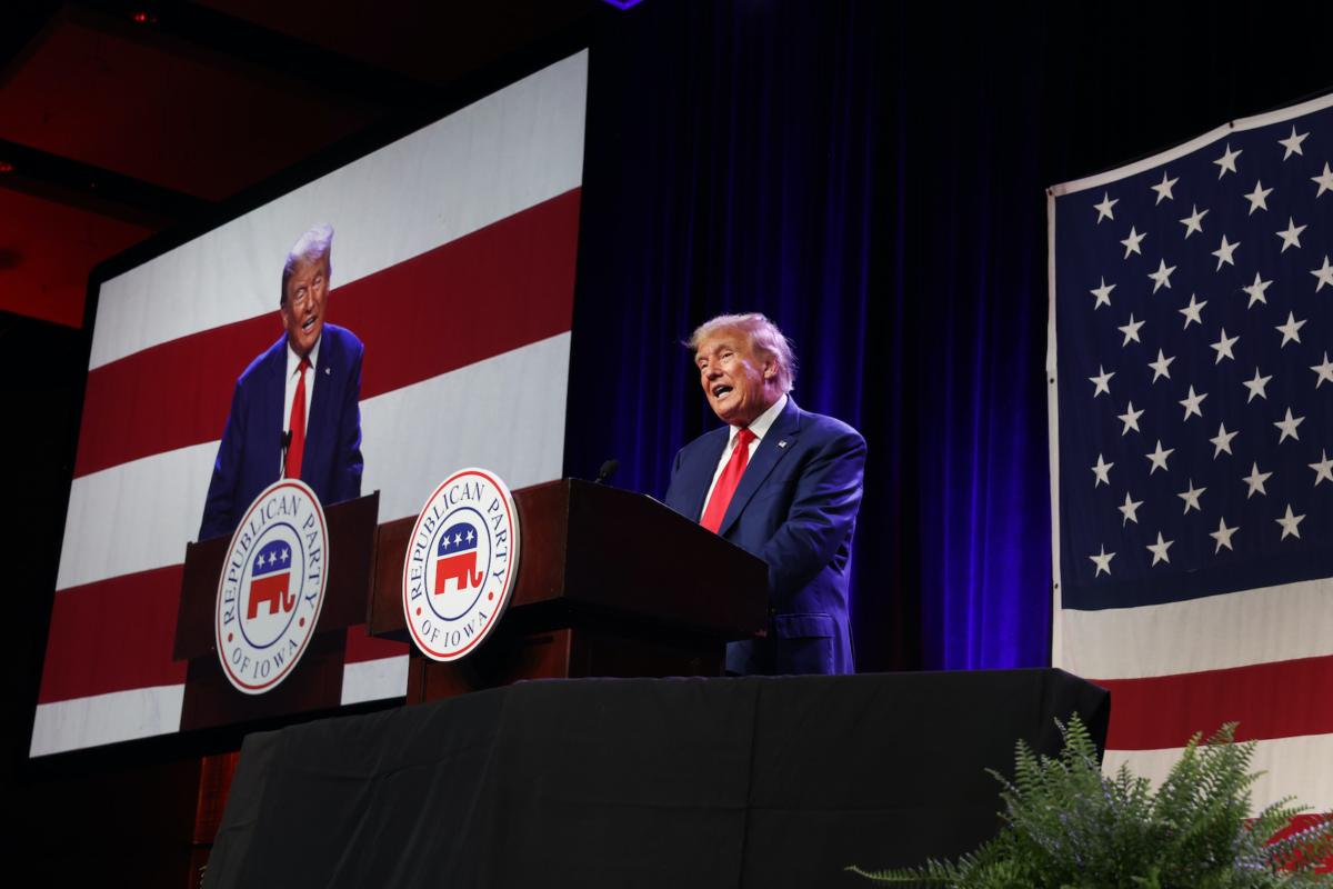 Republican presidential candidate former President Donald Trump speaks at the Republican Party of Iowa 2023 Lincoln Dinner in Des Moines, Iowa on July 28, 2023. (Scott Olson/Getty Images)