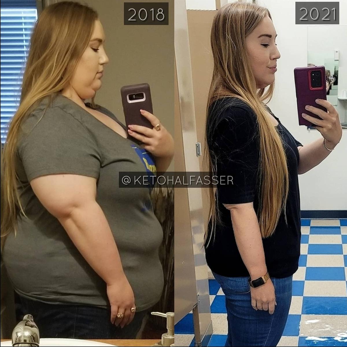 (Left) Ms. Bishop before her weight loss journey began. (Right) Ms. Bishop after her weight loss journey. (Courtesy of <a href="https://www.instagram.com/ketohalfasser/">Chelsey Bishop</a>)