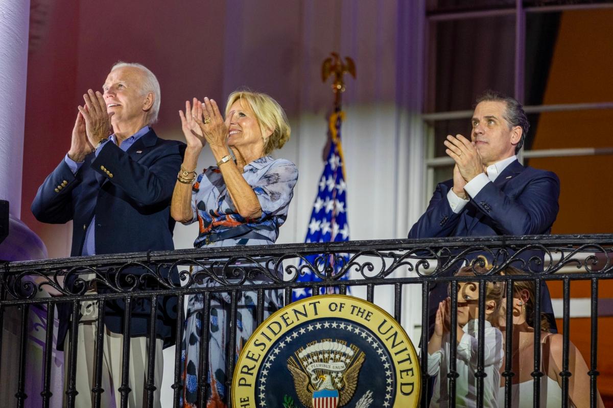 (L–R) President Joe Biden, First Lady Jill Biden, and Hunter Biden watch fireworks on the South Lawn of the White House on July 4, 2023. (Tasos Katopodis/Getty Images)