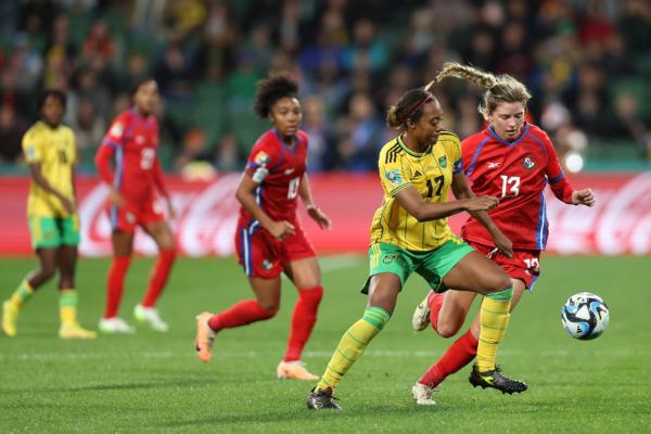 Allyson Swaby of Jamaica and Riley Tanner of Panama contest for the ball during the FIFA Women's World Cup Australia & New Zealand 2023 Group F match between Panama and Jamaica at Perth Rectangular Stadium in Perth, Australia, on July 29, 2023. (Paul Kane/Getty Images)