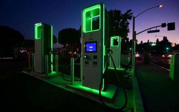 An Electric Vehicle charging station in Monterey Park, Calif. on May 18, 2021. (FREDERIC J. BROWN/AFP via Getty Images)