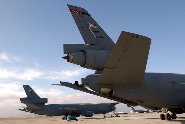 Two United States Air Force KC-10 Extender aerial refuelers sit on the tarmac at Travis Air Force Base in Fairfield, Calif., on Oct. 5, 2001. (Justin Sullivan/Getty Images)