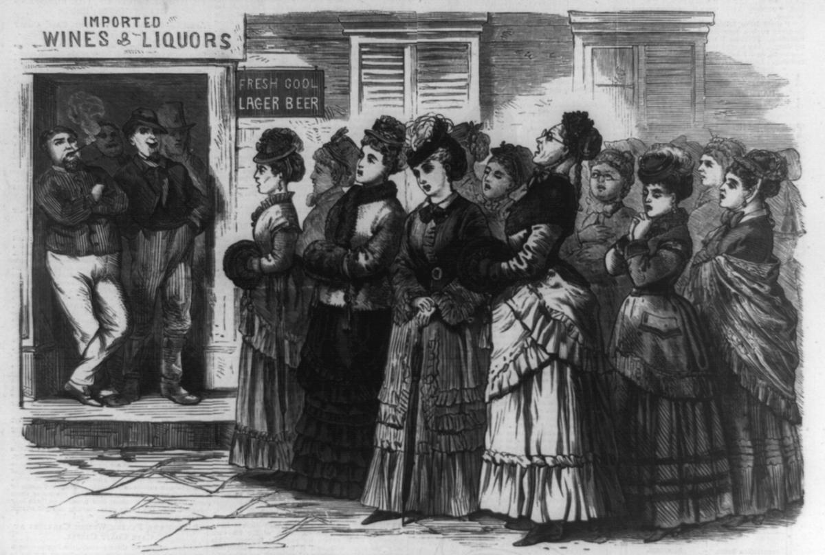 "The Ohio Whiskey War: The Ladies of Logan Singing Hymns in Front of Barrooms in Aid of the Temperance Movement," 1874, by S.B. Morton. Library of Congress. (Public Domain)