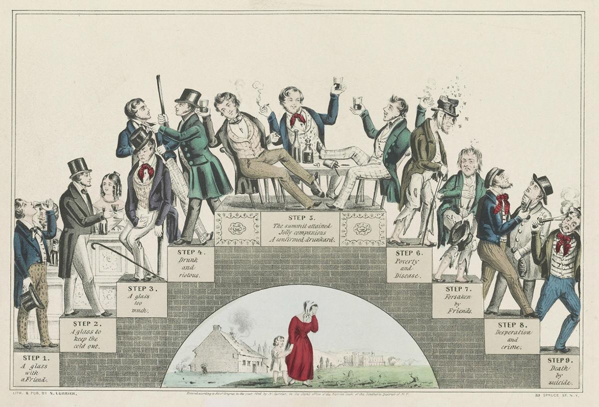 A lithograph supporting the temperance movement, "The Drunkard's Progress: From the First Glass to the Grave," circa 1846, by Nathaniel Currier. Library of Congress. (Public Domain)