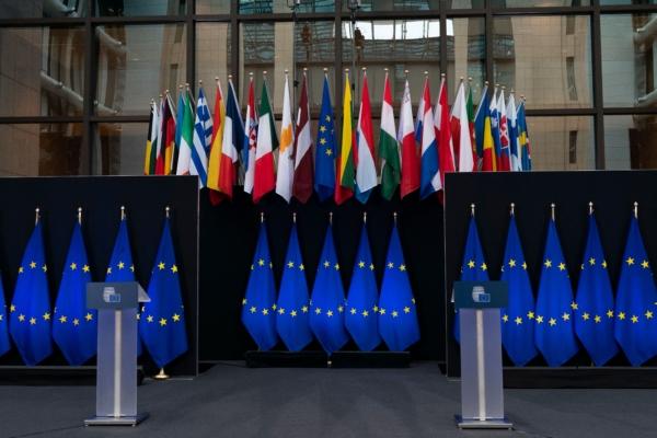 European Union flags are displayed at the European Council headquarters in Brussels on Nov. 29, 2019. (KENZO TRIBOUILLARD/AFP via Getty Images)