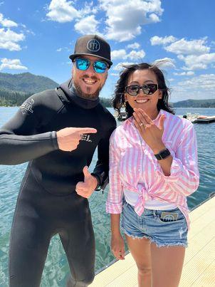 Mike Pelley, also known as ‘Merman Mike’, with Jennie Boles after Pelley retrieved Boles’ wedding ring she lost in Bass Lake in California on June 25, 2023. (Courtesy of Merman Mike)