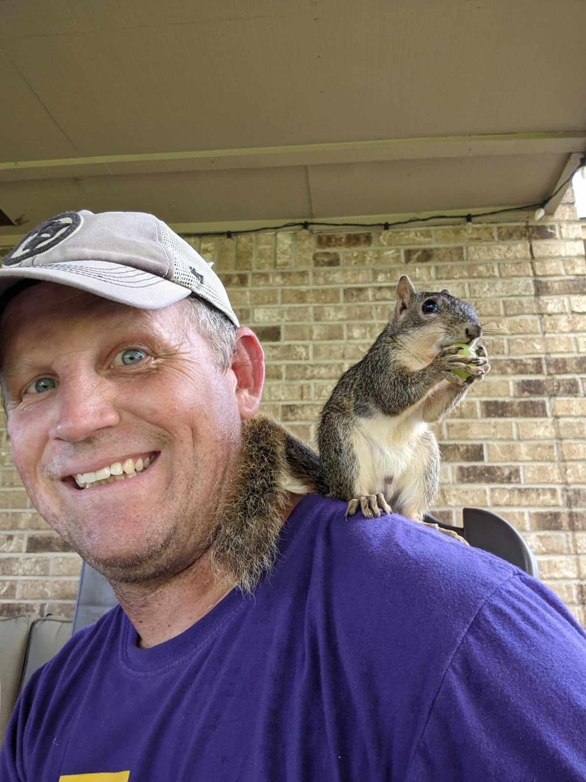 Keith Morgan and Dale the squirrel. (Courtesy of <a href="https://www.facebook.com/keith.morgan.98/">Keith Morgan</a>)