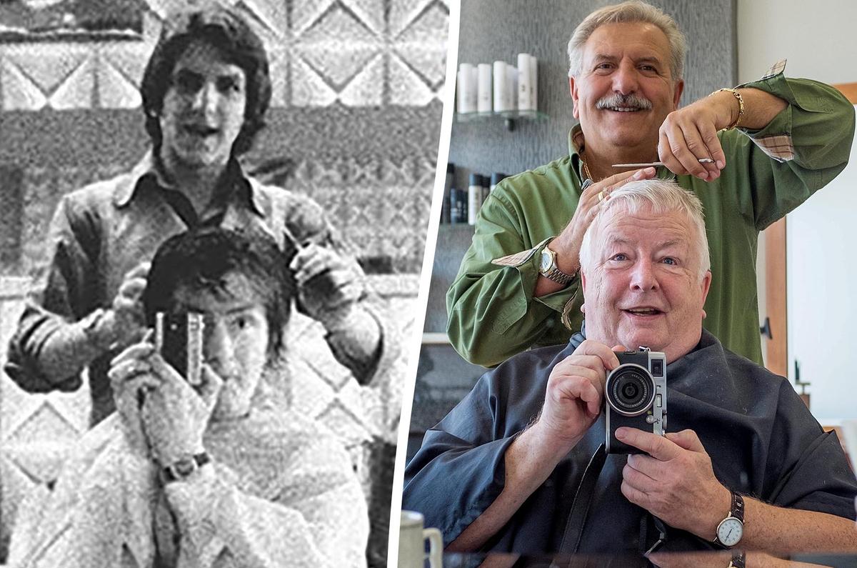 Photographer Sam Farr with his barber Joe Pace. The two photos were taken in 1973 and 2015. (SWNS)