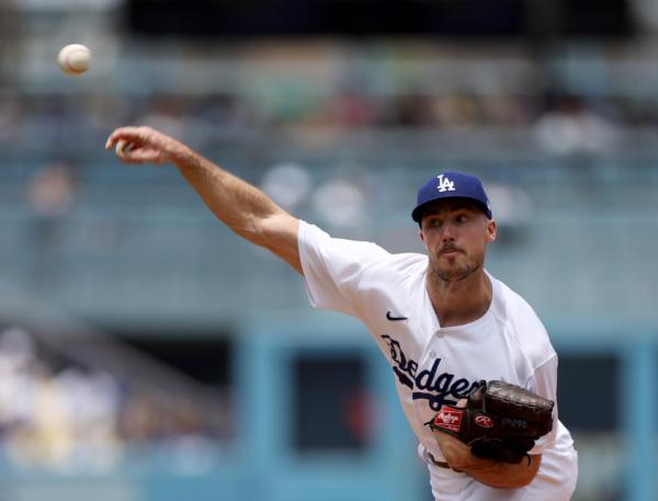 Michael Grove (78) of the Los Angeles Dodgers pitches during the first inning against the Cincinnati Reds at Dodger Stadium in Los Angeles on July 30, 2023. (Harry How/Getty Images)