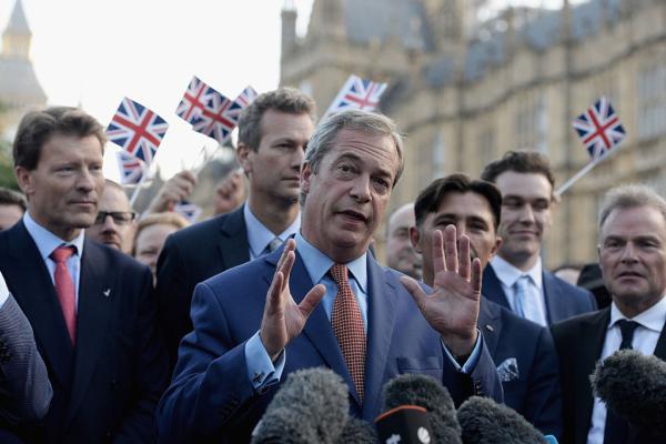 Nigel Farage, leader of UKIP and Vote Leave campaigner, arrives to speak to the assembled media at College Green, Westminster following the results of the United Kingdom's EU referendum in London, on June 24, 2016. (Mary Turner/Getty Images)