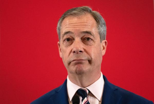 Reform UK honorary president Nigel Farage pauses as he speaks during a party press conference in London, on March 20, 2023. (Photo by Carl Court/Getty Images)