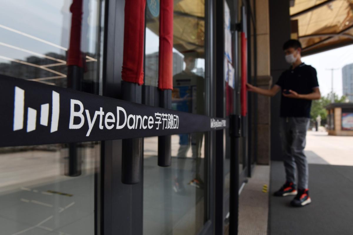The ByteDance logo is seen at the entrance to a ByteDance office in Beijing on July 8, 2020. (Greg Baker/AFP via Getty Images)