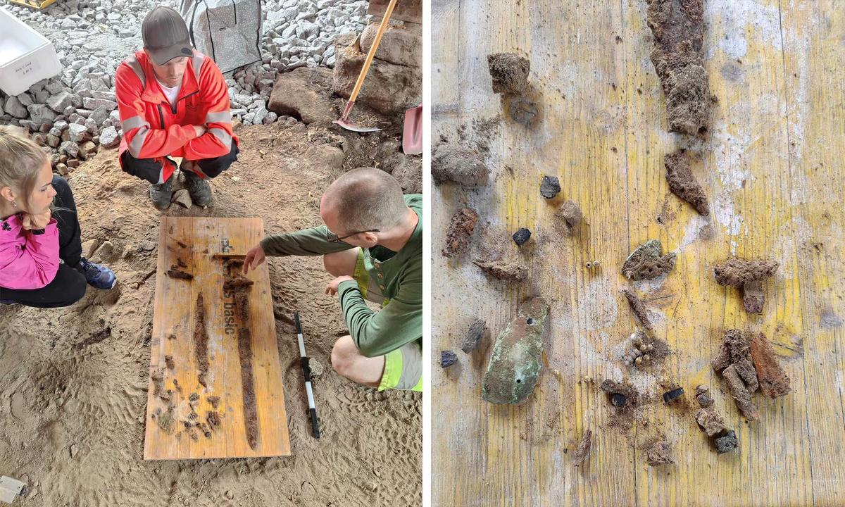 (Left) Homeowners Oddbjørn and Anne Holum Heiland and archeologist Jo-Simon Frøshaug Stokke from the Museum of Cultural History inspect the contents of the Viking grave; (Right) The Viking grave contents are displayed. (Courtesy of Joakim Wintervoll, Agder county municipality)