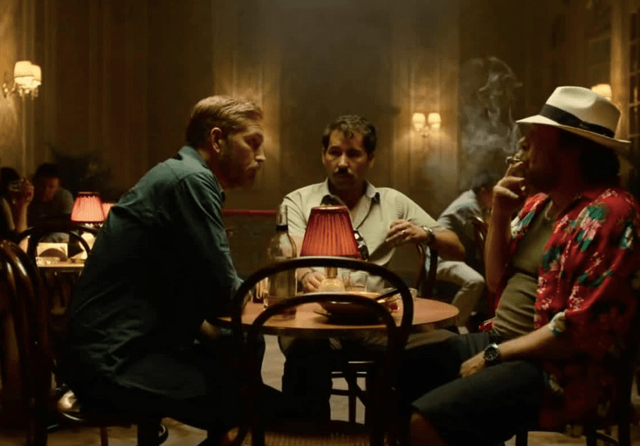 (L–R) Agent Tim Ballard (Jim Caviezel), Colombian official Jorge (Javier Godino), and Vampiro (Bill Camp) come up with a plan to save child sex slaves, in "Sound of Freedom." (Angel Studios)<span style="color: #ff0000;"> <br/></span>