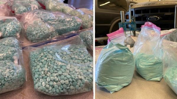 Officials seize gallon-sized plastic bags filled with fentanyl pills and powder while executing a search warrant in Multnomah County, Oregon, on July 25, 2023. (Courtesy of Multnomah County Sheriff's Office)