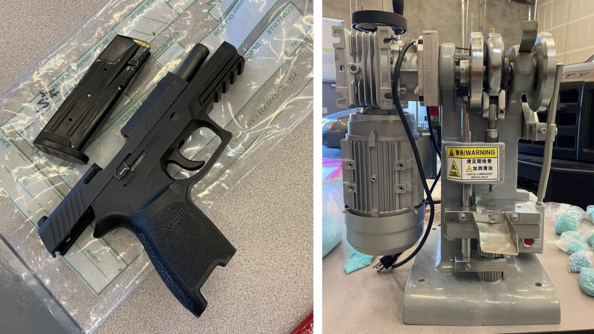 Investigators found a handgun that was reportedly stolen and a commercial-grade pill press after executing a search warrant in Multnomah County, Oregon, on July 25, 2023. (Courtesy of Multnomah County Sheriff's Office)