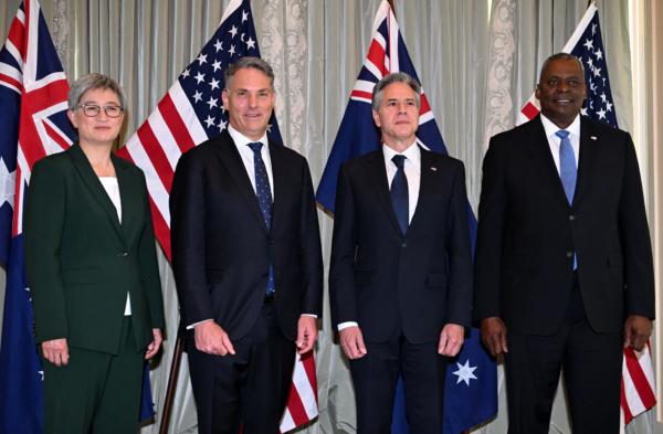 (L to R) The Minister for Foreign Affairs, Senator the Hon Penny Wong, Deputy Prime Minister and Minister for Defence, the Hon Richard Marles MP, Secretary of State Antony J. Blinken and Secretary of Defense Lloyd J. Austin III pose for a photo during Australia-United States Ministerial Consultations as part of AUSMIN talks in Brisbane, Australia, on July 29, 2023. (AAP Image/Pool,Dan Peled)