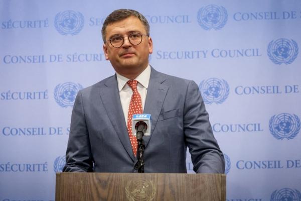 Ukrainian Minister of Foreign Affairs Dmytro Kuleba speaks to the press before arriving at a U.N. Security Council meeting on the situation in Ukraine, at U.N. headquarters in New York on July 17, 2023. (Brendan McDermid/Reuters)