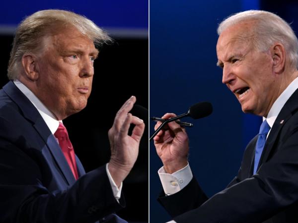 This combination of pictures created on Oct. 22, 2020, shows President Donald Trump (L) and Democratic presidential candidate Joe Biden during the final presidential debate at Belmont University in Nashville, Tenn., on Oct. 22, 2020. (Brendan Smialowski and Jim Watson/AFP via Getty Images)