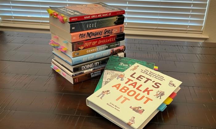 A stack of books alleged to contain explicit language and images that have been found in some Texas public school libraries. (Courtesy of Diana Richards)
