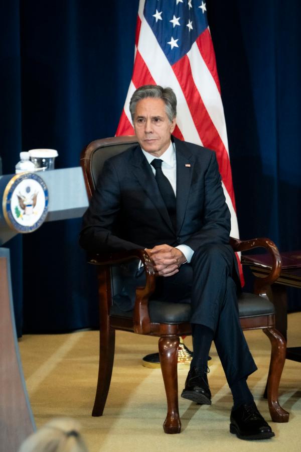 U.S. Secretary of State Antony Blinken listens to other speakers during the Bureau of Global Health Security and Diplomacy launch at the State Department in Washington on Aug. 1, 2023 (Madalina Vasiliu/The Epoch Times)
