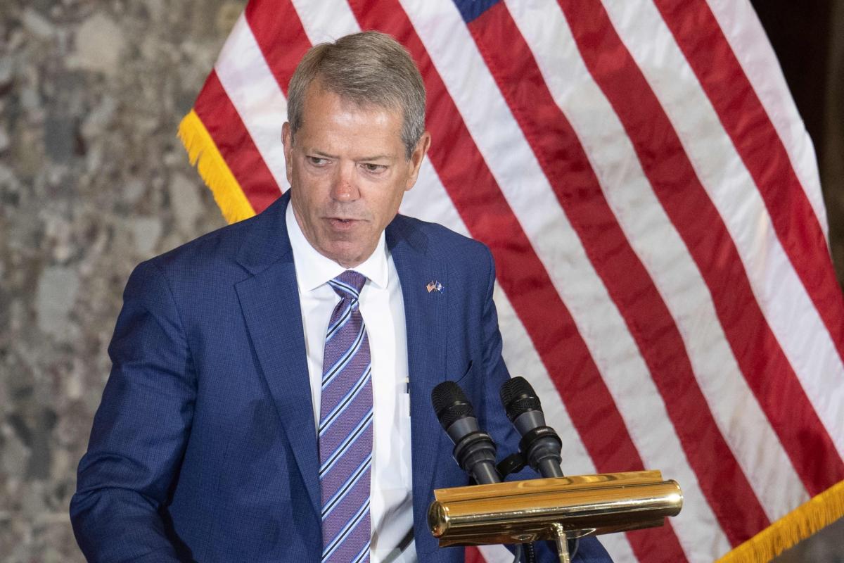 Nebraska Gov. Jim Pillen speaks during a statue dedication ceremony for U.S. writer and novelist Willa Cather in the Statuary Hall of the U.S. Capitol in Washington on June 7, 2023. (Jim Watson/AFP via Getty Images)