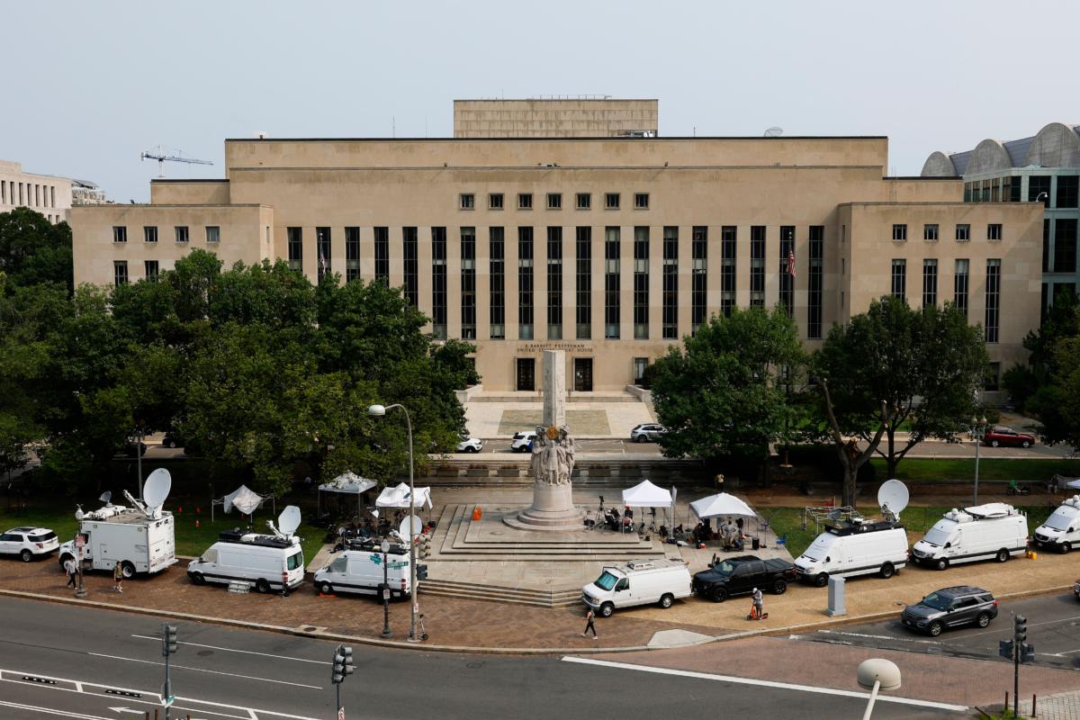 Media tents and television satellite trucks sit parked outside of the E. Barrett Prettyman U.S. District Court House in Washington, D.C., on Aug. 1, 2023. (Anna Moneymaker/Getty Images)