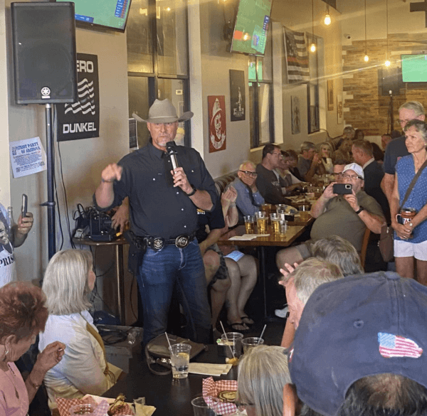 Pina County Sheriff and Republican Arizona 2024 Senate candidate Mark Lamb seeks with voters in Tucson, Arizona, on June 15, 2023. (Sheriff Mark Lamb For U.S. Senate)