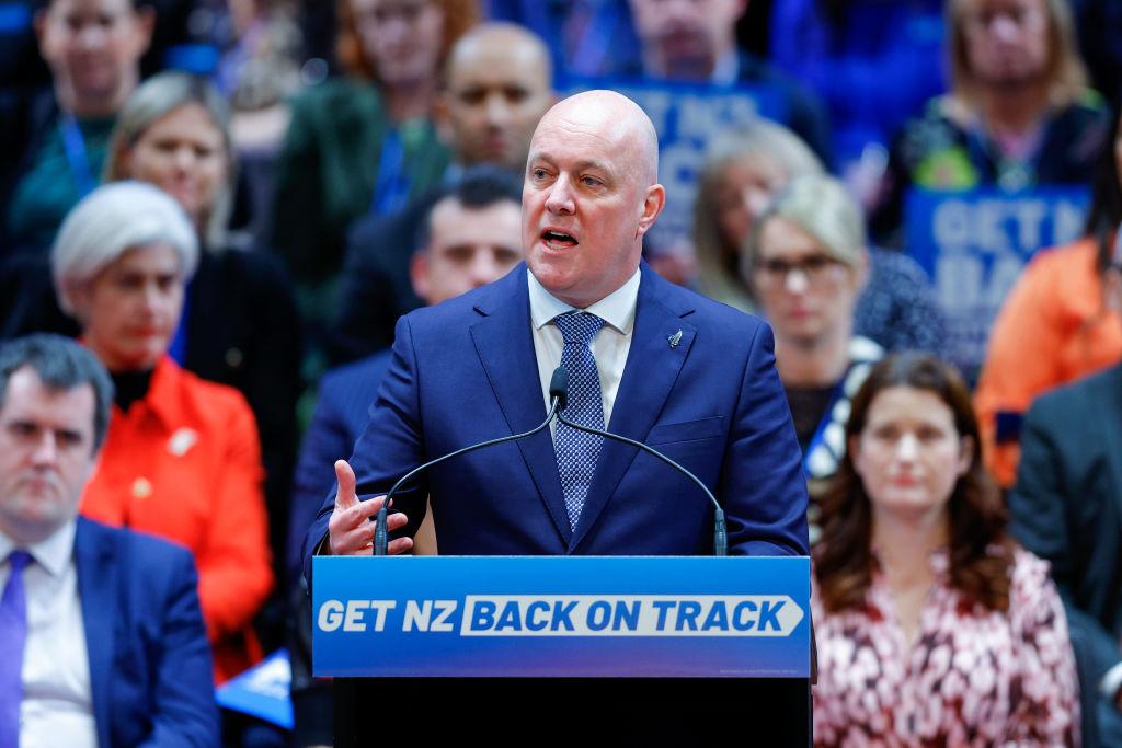 National Party leader Christopher Luxon delivers a speech during the National Party Annual Conference at Michael Fowler Centre in Wellington, New Zealand on June 25, 2023. (Hagen Hopkins/Getty Images)