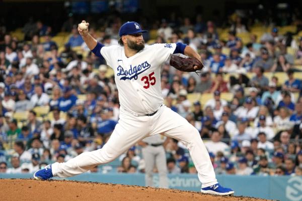 Los Angeles Dodgers starting pitcher Lance Lynn throws to the plate during the second inning of a baseball game against the Oakland Athletics in Los Angeles on Aug. 1, 2023. (Mark J. Terrill/AP Photo)