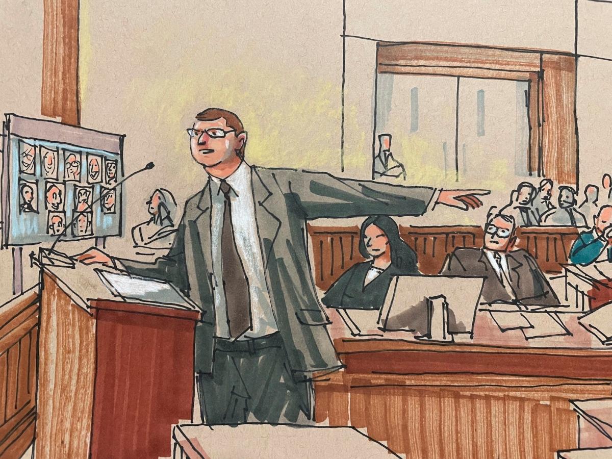 U.S. Attorney Eric Olshan argues before a federal jury that 2018 Pittsburgh synagogue attack defendant Robert Bowers should receive the death penalty, in Pittsburgh on July 31, 2023. (Dave Klug via AP)
