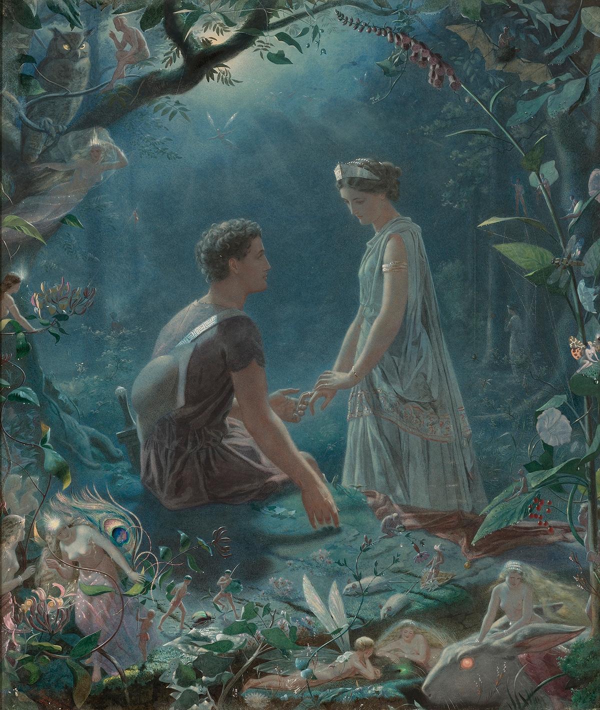 "Hermia and Lysander, 'A Midsummer Night's Dream,'" 1870, by John Simmons. Watercolor heightened with gouache on paper laid down on canvas; 36 inches by 29 inches. Private Collection. (Public Domain)