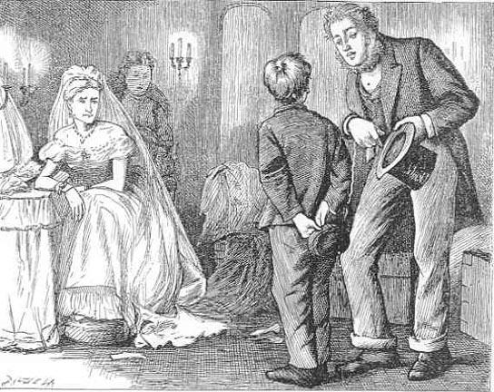 Pip is ashamed of Joe Gargery at Satis House, illustrated by Francis Arthur for the Household Edition of Dickens's "Great Expectations." (Public Domain)