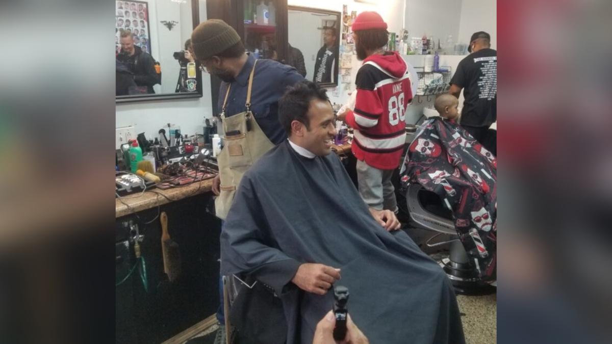 Vivek Ramaswamy sits in a barbershop in South Shore, Chicago, on May 19, 2023. (Nathan Worcester/The Epoch Times)