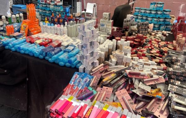 CVS Pharmacy items among nearly 14,000 products recovered from retail theft ring investigation are stacked together in Glendale, Calif., on Aug. 31, 2023. (Courtesy of California Highway Patrol)