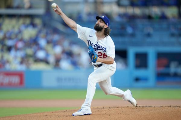 Los Angeles Dodgers starting pitcher Tony Gonsolin (26) throws during the first inning of a baseball game against the Oakland Athletics in Los Angeles, on Aug. 2, 2023. (Ashley Landis/AP Photo)