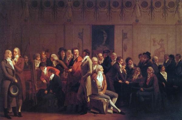 "Meeting of Artists in Isabey's Studio," 1798, by Louis-Léopold Boilly. Oil on canvas; 28 <span style="color: #000000;">1/8 inches by 43 3/4 inches.</span> Louvre Museum. (Public Domain)