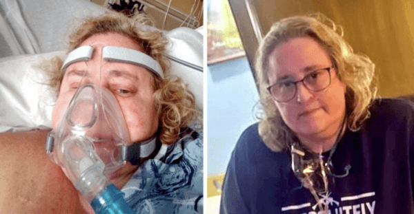 Gail Seiler's last day at the hospital, 2022, and later her progress in getting off the mask. (Courtesy of Gail Seiler).