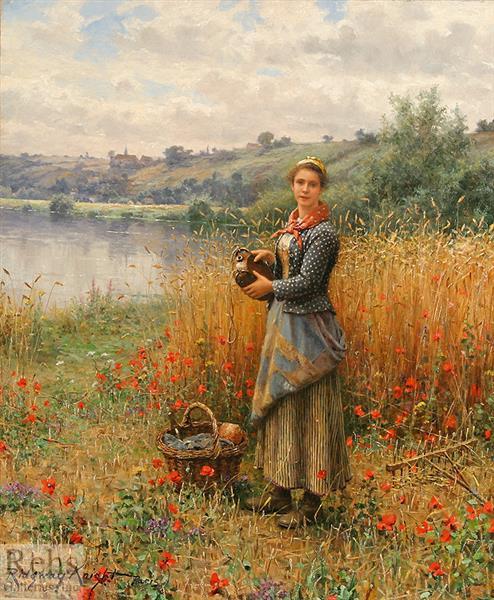 "Madeleine in a Wheat Field," 1907, by Daniel Ridgeway Knight. (Public Domain)