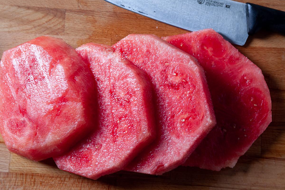 Slice watermelon into 1-inch thick rounds. (Courtesy of Amy Dong)