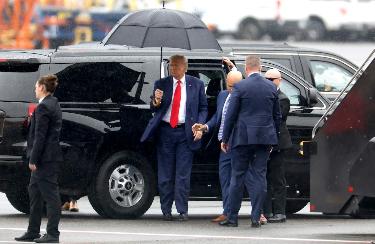 Former U.S. President Donald Trump as he arrives at Reagan National Airport following an arraignment in a Washington, D.C., court in Arlington, Virginia, on Aug. 3, 2023. (Tasos Katopodis/Getty Images)