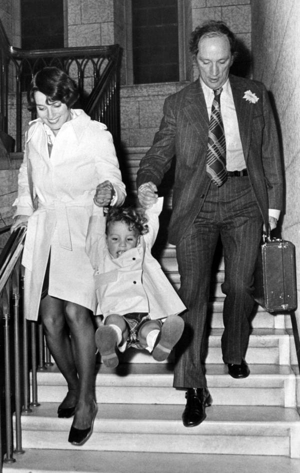 Prime Minister Pierre Trudeau leaves the Commons with his wife Margaret and two-and-a-half-year-old son Justin after delivering a speech in Ottawa on May 7, 1974. (Fred Chartrand/The Canadian Press)