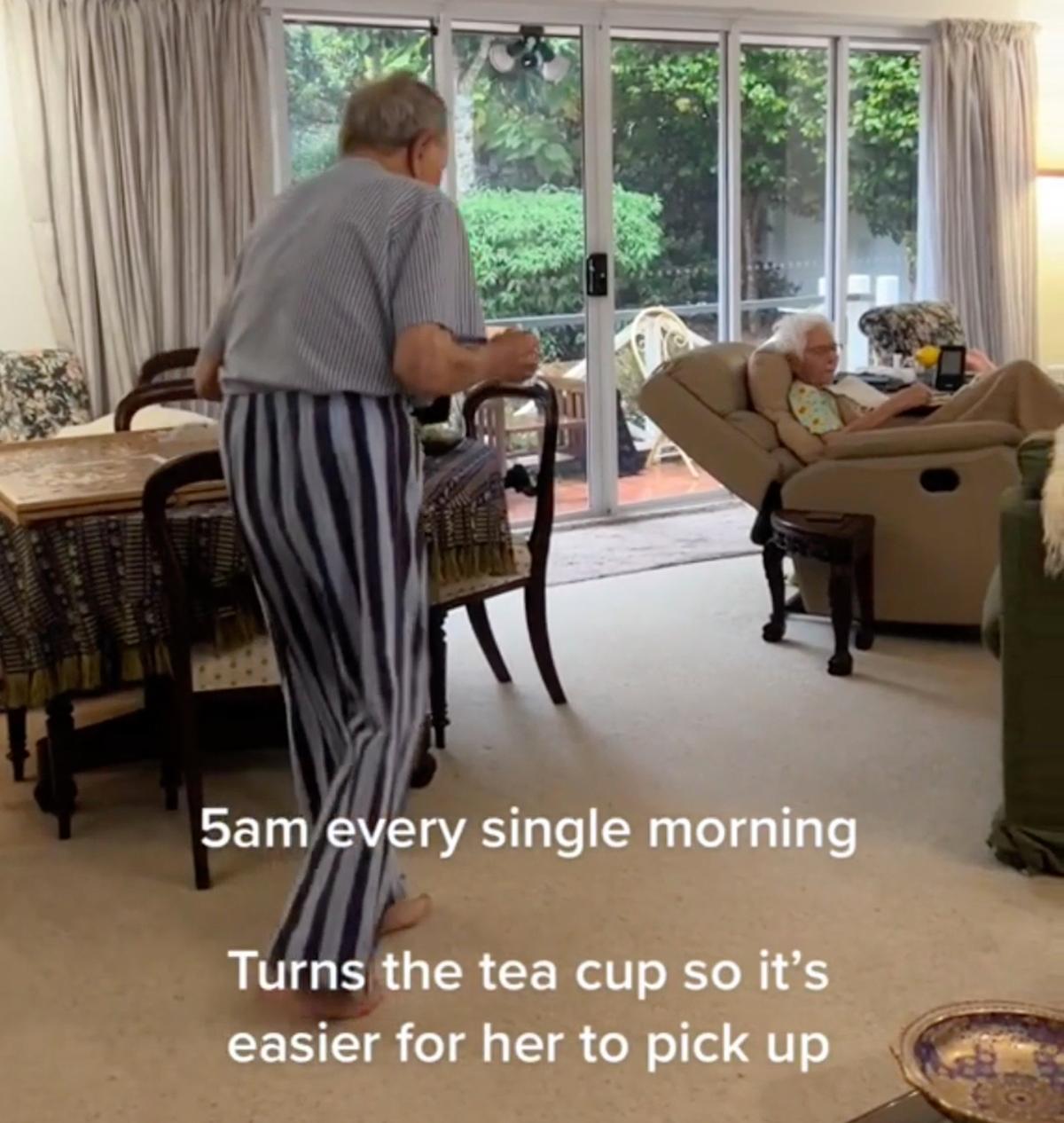 A screenshot of Mr. Hart bringing a cup of tea for Ms. Hart at 5 a.m. every single morning. (Courtesy of Tina Fulton-Kennedy)