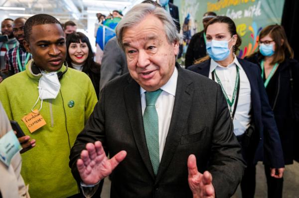 United Nations Secretary-General Antonio Guterres leaves after participating in the United Nations Biodiversity Conference (COP15) Youth Summit at Quai Alexandra in the Old Port of Montreal in Montreal on Dec. 6, 2022. (ANDREJ IVANOV/AFP via Getty Images)