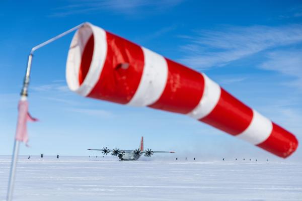 A 'skier' LC-130 Hercules plane lands on a ski way at the East Greenland Ice-Core Project camp in Greenland, on Aug. 14, 2022. (Lukasz Larsson Warzecha/Getty Images)