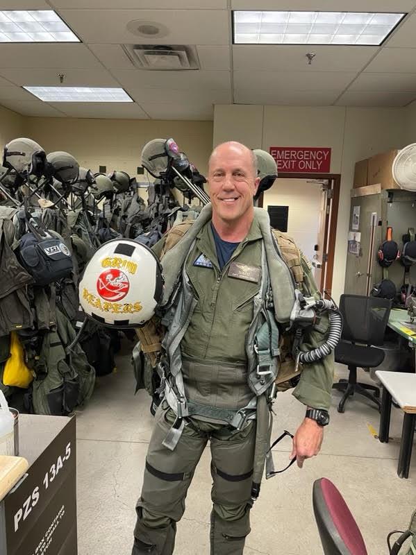 Idaho state Rep. Ted Hill, a retired Navy captain, suited up in February 2022 for a night Close Air Support mission at the Naval Aviation Warfare Development Center in Fallon, Nev. (Courtesy of Representative Ted Hill)