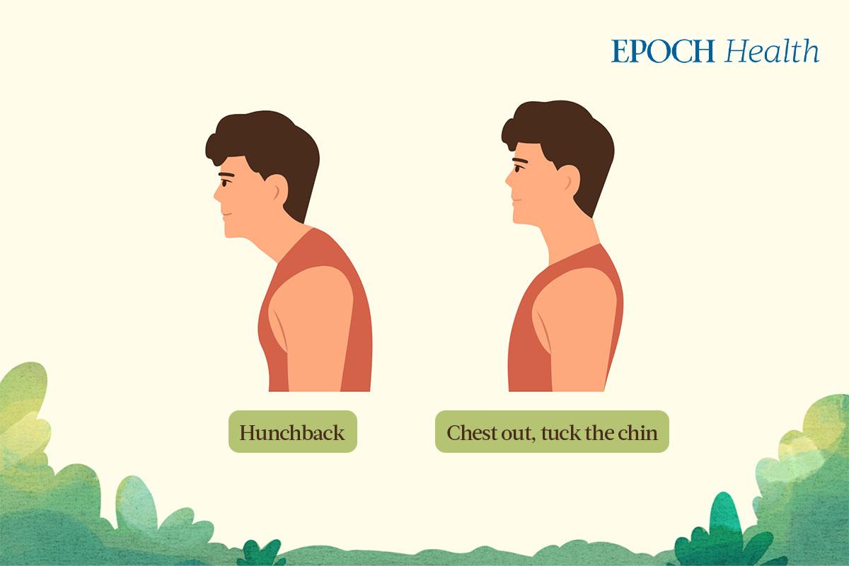 The first exercise to correct hunchback is to push your chest out and tuck your chin in. (The Epoch Times)