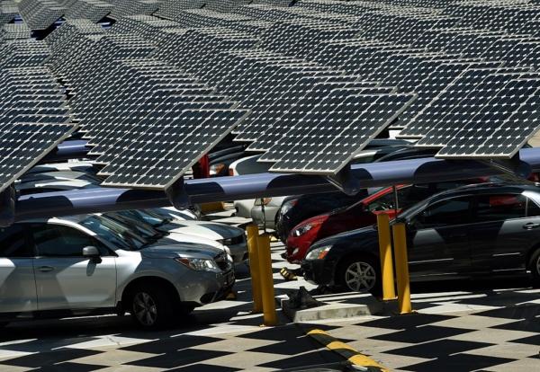 Solar panels used to generate power outside an office building in Los Angeles on Aug. 4, 2015. (Mark Ralston/AFP via Getty Images)